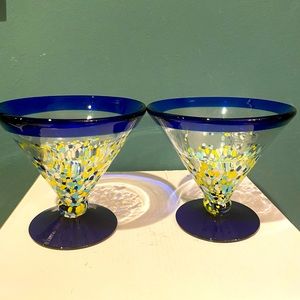 Pair of Royal Caribbean Handblown Glass Mexican Confetti Blue Martini glasses